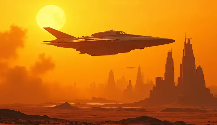  Create a futuristic desert city with a spaceship flying overhead.  An orange color . With dust on the horizon .