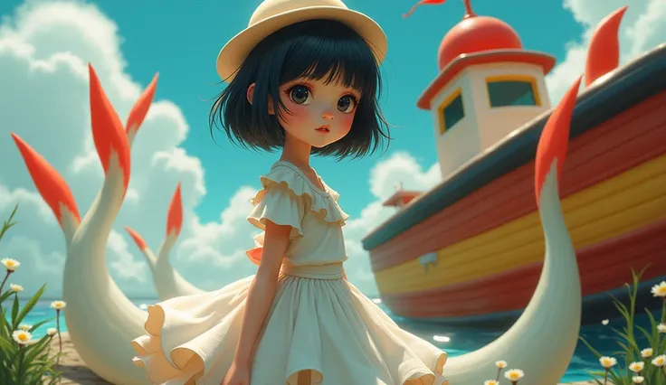 a girl with black short hair black eyes with a hat a boat with red stripes near the nose a white dress and 3 tails white tails on the tips were red