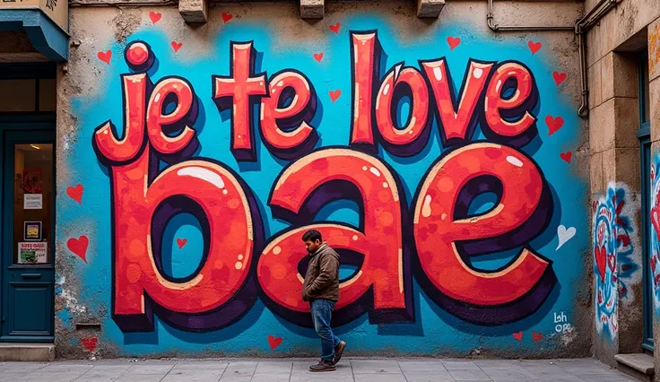 A graffiti-style street mural of a romantic message, "je te love Bae", detailed graffiti letters, vibrant colors, urban setting, gritty texture, dramatic lighting, photorealistic, 8k, hyperdetailed