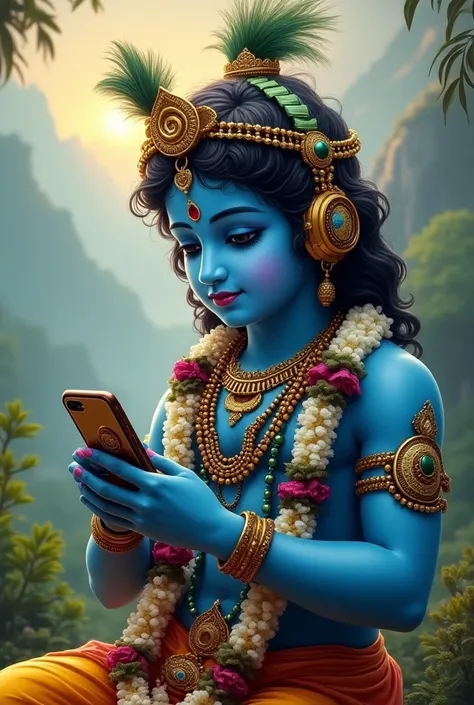 Krishna god using phone with headphones 