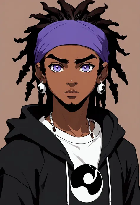 a drawing of an dark skin male with a black dreadlocks and a white shirt, wearing black hoodie with an yin yang logo on it, half...