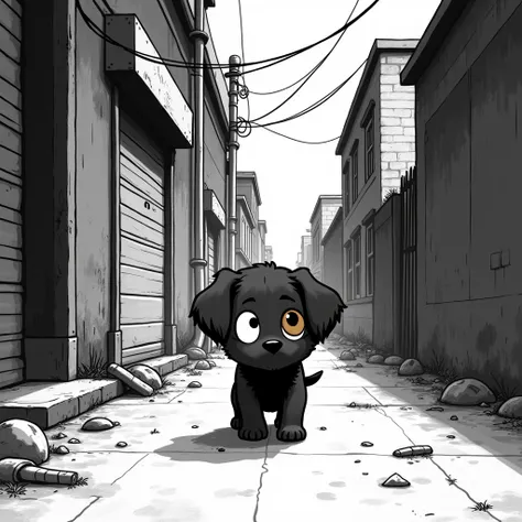 Create a black and white comic strip ( just the eye placement ) Based on the following text :  Black Meatball ,  the little puppy Pincher with caramel-eyed eyes and blind in one eye, short and chubby, Enter Alley ,  dragging her paws with a concerned look ...