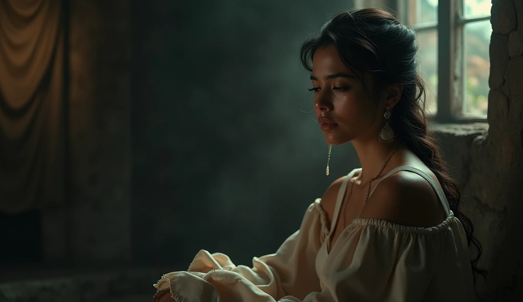 A beautiful woman with a stylish appearance, feeling blessed while praying and singing in the middle of a dreamy dark background, sad expression with tears flowing, highly detailed, emotional, cinematic lighting, masterpiece, 8k resolution