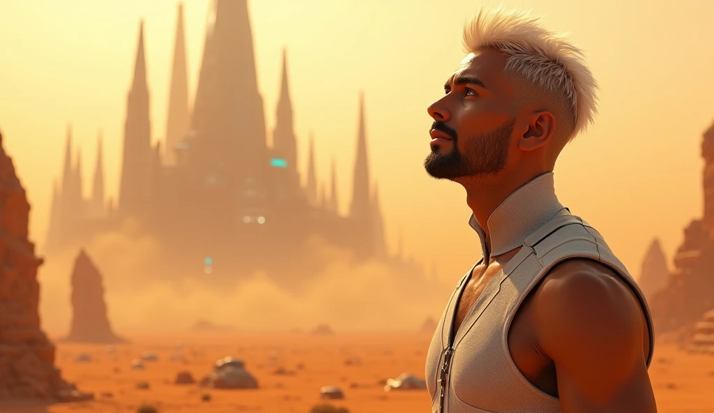  Create a futuristic desert city with orange dust on the horizon ,  with a man with white hair and brown eyes and a brown skin tone. With futuristic clothes looking up at the sky 