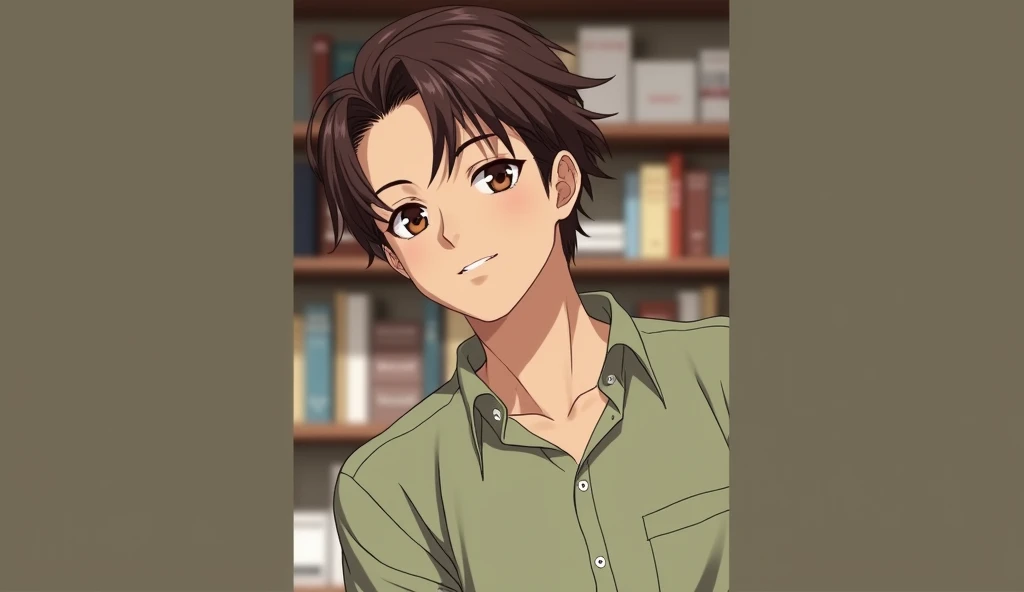 anime style 3D,  brown hair .  Hes inside a doctors office with books in the back, He wears an olive green blouse 