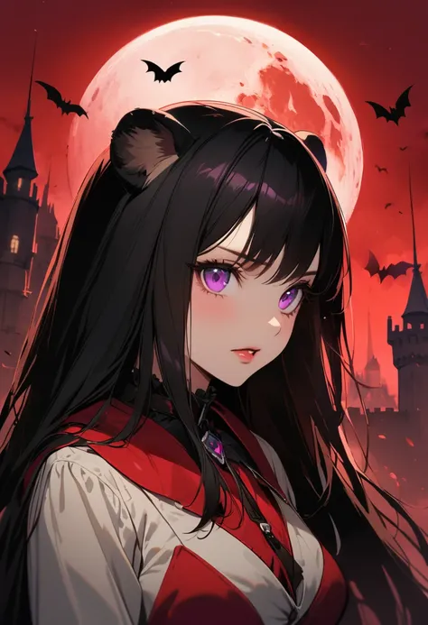 {worst quality, low quality}, ((Close-up)), ((face focus)), solo, ((Kemonomimi girl with black bear ears:1.2)), Alone, ((Black hair short:1.3)), plump and glossy lips, (Beautiful purple eyes:1.3), ((Dracula)), vampire, Gothic ta, fishnet tights, embarrasse...