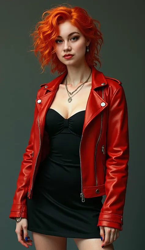 Sixteen-year-old female teenager, tall and with big breasts, white skin with freckles, curly orange-red hair and blue-green eyes. Wearing a black strapless dress under a red leather jacket