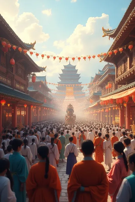 Wide shot of the festival area with people gathering, chariot in the background
Background music: Soft traditional Buddhist music.