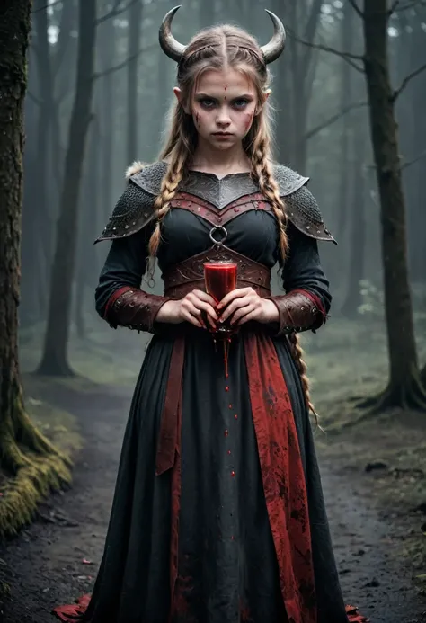 Young girl, viking dress, holding blood exe, viking theme, dark fantasy, 