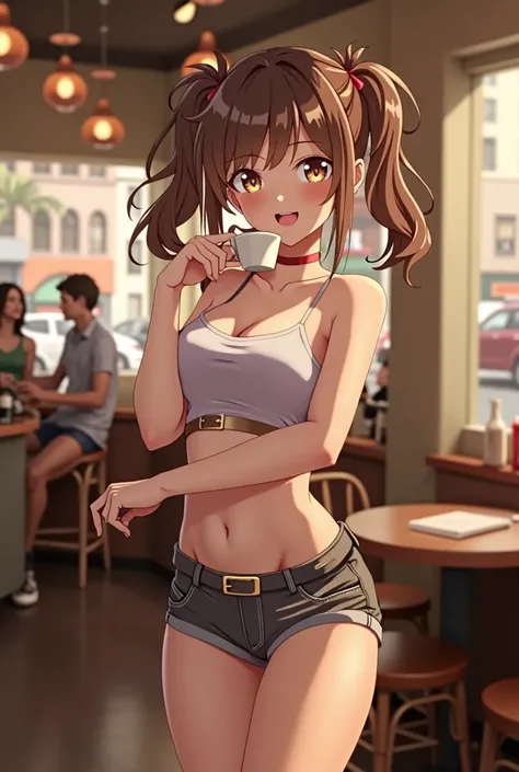 Cute anime girl with pig tails bending over in booty shorts with big ass at a coffee shop in new york 