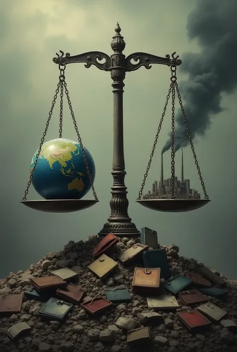 illustrate a scale balancing a globe on one side, symbolizing global interconnectedness, and a pile of broken dreams on the other, consisting of shattered homes, factory smokestacks, and empty wallets. Use contrasting colors to emphasize the stark differen...