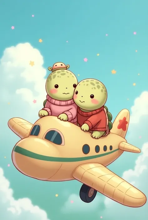 Two turtles, one wearing a cute pink sweater and a chongita on the head and the other wearing a red sweater, inside a plane ,  but that you can see the whole view  , In other words, I want the view to see the whole plane and them on top of it, like someone...