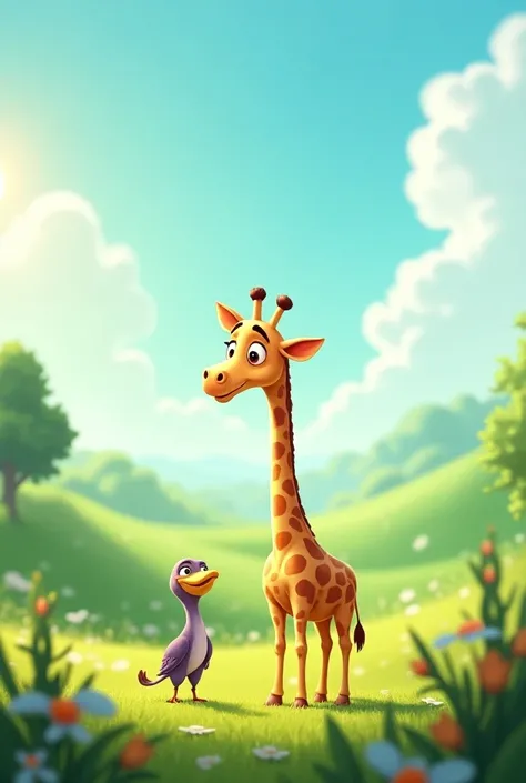 Create an image of a giraffe talking to a little bird I want the graphic of the Disney Pixa cartoons 