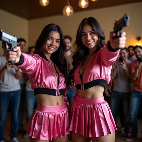 photo realistic high definition image of two 2 young Latina women with realistic faces, long hair, posing for picture, smiling, silky shinyshort cropped pink satin bomber jackets with black trim, satin jackets,  and matching pleated satin skirts, each woma...