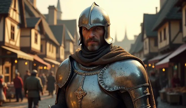  A European-looking medieval knight, with his armor and sword , But showing the face .  The setting is a medieval village.  Hes the only person in the scene . 
