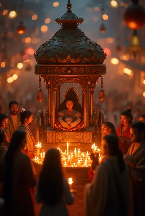 Close-up of the decorated chariot, candles flickering as people light them]**  
*Background sounds: Chatter, laughter, and bells ringing softly.