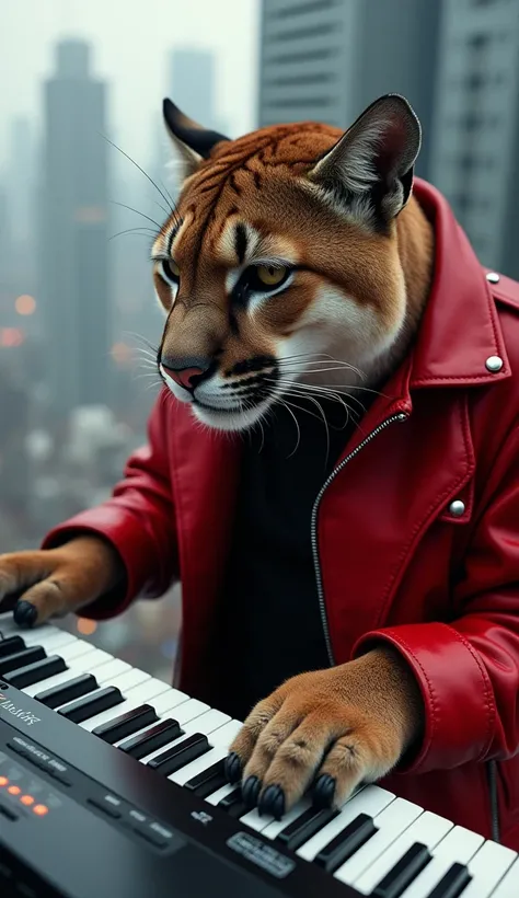 A puma playing keyboard ,  wearing a red leather jacket,  on a skyscraper roof ,  with a blurred background in the Cyberpunk style .