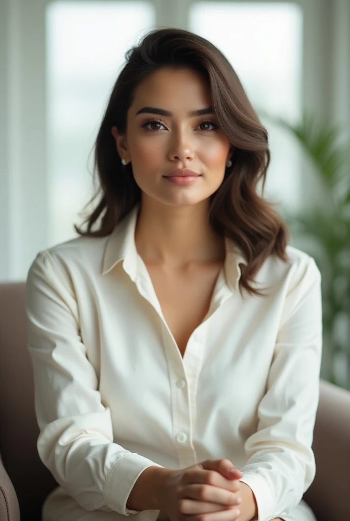 A 26 year old woman social media influencer portal real image. She sit like a CEO. Wear white at top. Blurred bright background. 