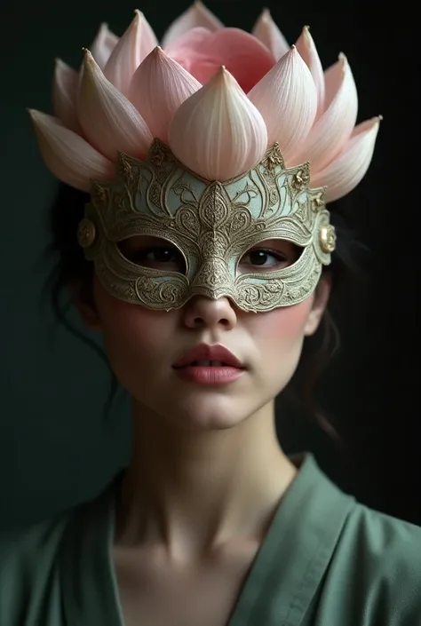 The vocalist, Vietnamese singer, The Masked Singer Vietnam Season 1, Woman wearing Mascot as Ms Lotus, wear a Lotus mask, Vietnamese called her O Sen, Textured Skin, High Resolution, Cinematic, Photorealistic, Portrait Photography, Realism.