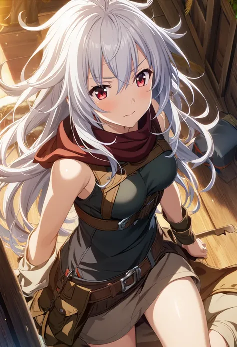 1 girl, white hair, long messy hair, red eyes, medium breasts, adventurer clothes, CG