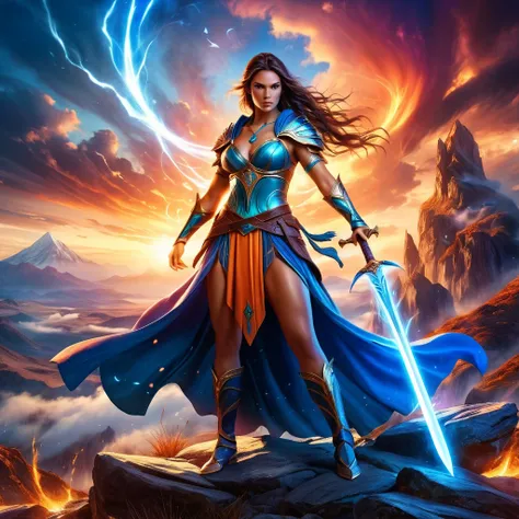 a powerful warrior standing together with a beautiful sorceress, sword and sorcery fantasy scene, highly detailed, realistic, HDR, cinematic film grain, inspired by the painting of Luis Ryo, photorealistic, dramatic lighting, vibrant colors, epic fantasy a...