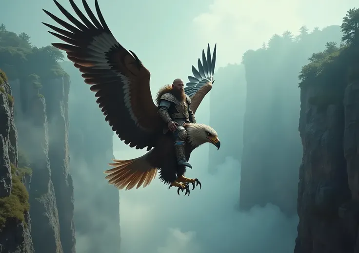 In a hyper-detailed,ultra-smooth shot captured with an Hasselblad X1D-50c camera, Gilius Thunderhead, the iconic dwarf warrior from Golden Axe, is seen seated a top a colossal eagle mid-flight, soaring over a deep abyss. The camera tracks from a wide shot,...