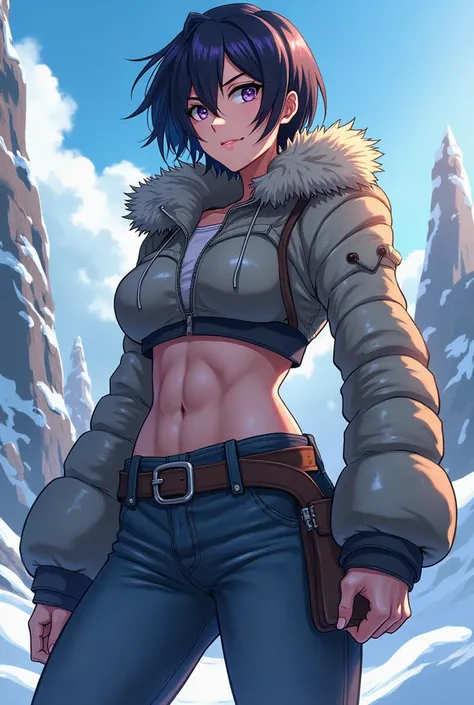 Anime tall woman Tomboy, short black hair, violet eyes, muscular body and fair skin, with winter clothes