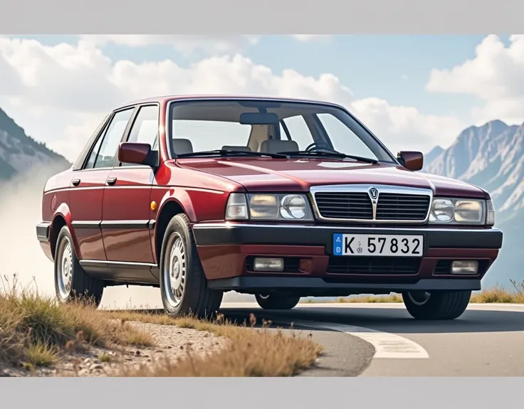 Lancia thema 8.32 red colour, riding in a mountain road