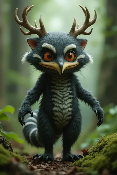 This tiny bugbear has a lanky raccoon-like body covered in zigzag-striped black, light gray, and light green fur with a fluffy texture.  It has a curly tail and long claws.  It has huge orange eyes, a hawk-like beak, and deer-like antlers.