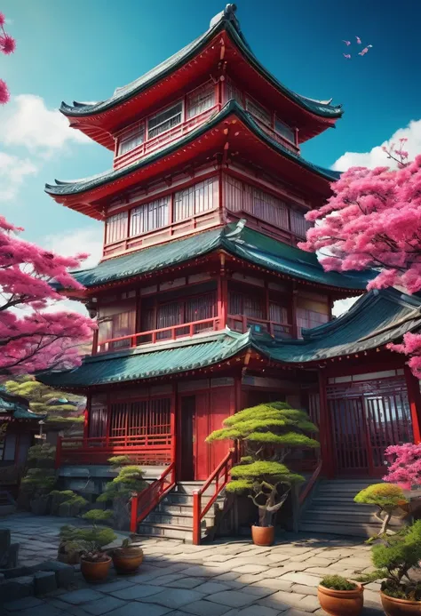 conceptual installation fantasy art with bright and colorful random colors, mysterious buildings, western-style buildings, Japanese-style buildings, intricate craftsmanship, delicate and dynamic textures, contrasts of light and shadow, 2.5D, artistic photo...