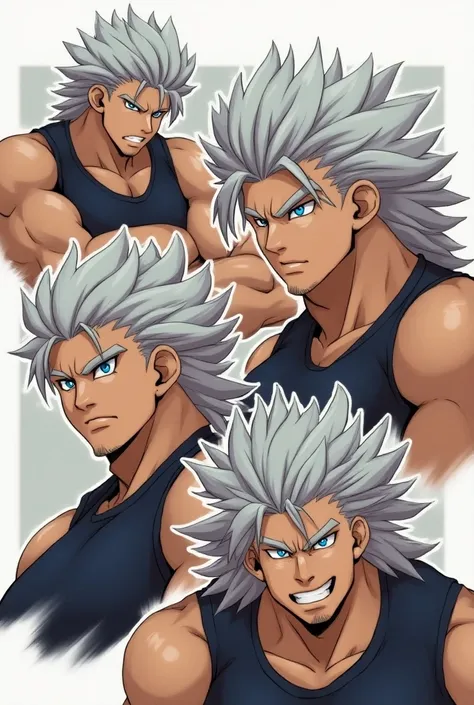 Chunky male anime character with electric blue eyes brown skin light gray semi-long hair with different poses 