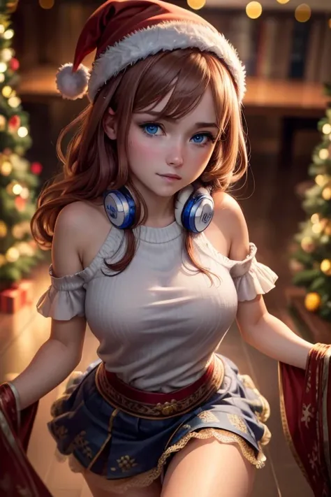 (best quality : 1.2), (high-res, 4k, 8k), (masterpiece : 1.2), (ultra detailed : 1.15), (realistic, photorealistic : 1.37), (nakano miku)), 1 girl, solo, (18 year old girl), christmas hat, brown hair, hair between eyes, headphones, medium breasts, (((we se...