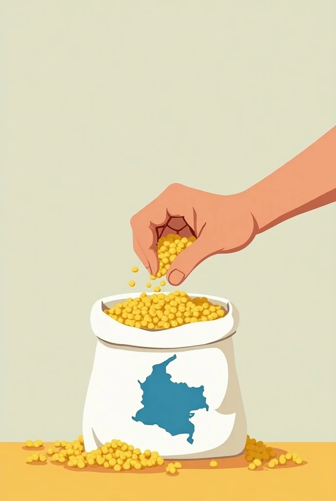 a hand, holding corn and putting it in a bag with a blue map stamp of Colombia, in minimalist format  