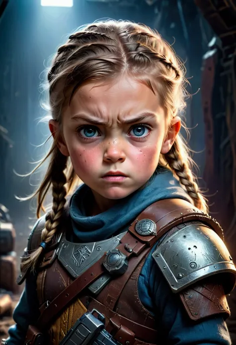 a little viking girl, detailed face, angry expression, dirty and rugged clothes, holding future tech shotgun, high tech futuristic background, cinematic lighting, dramatic colors, (best quality,8k,highres,masterpiece:1.2),ultra-detailed,(realistic,photorea...