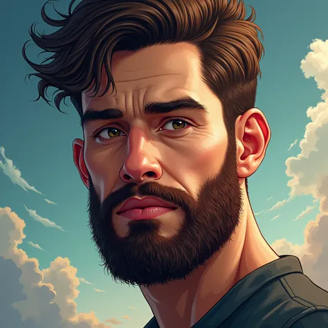 portrait of a 27 years old man wearing denim, soft beard, short beard, award winning illustration, ultra detail, close up protrait, fantasy background