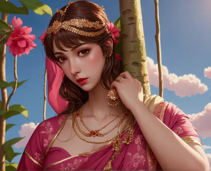 (masterpiece),(Melhor qualidade:1.0), ( ultra high resolution :1.0), detailed illustration, 8k, anime, 1 girl, linda garota de anime, in a sari, wearing a pink sari, Beautiful Pose, beautiful face, detailed face, beautiful eyes, Dark red eyes, detailed eye...