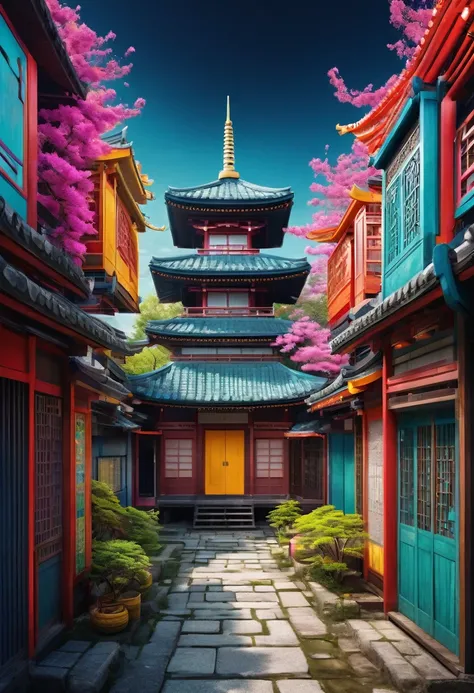 conceptual installation fantasy art with bright and colorful random colors, mysterious buildings, western-style buildings, Japanese-style buildings, intricate craftsmanship, delicate and dynamic textures, contrasts of light and shadow, 2.5D, artistic photo...