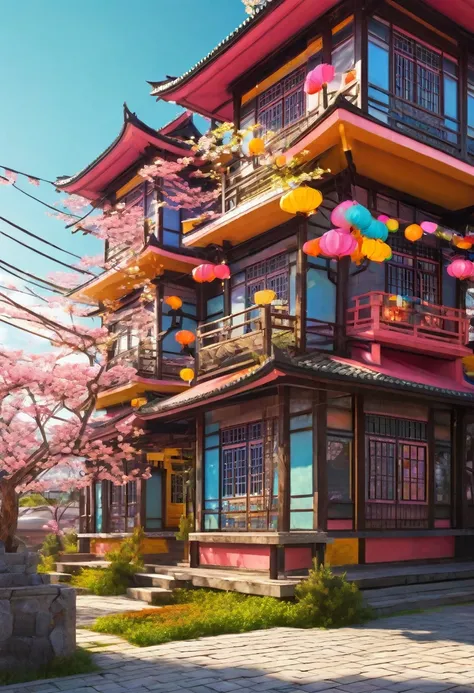 conceptual installation fantasy art with bright and colorful random colors, mysterious buildings, western-style buildings, japan...