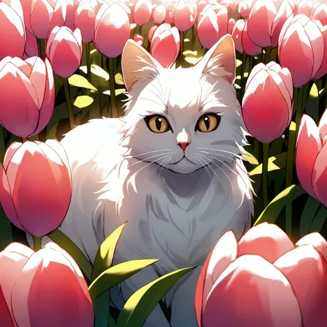 A beautiful female cat,  elegant and with curly hair ,  her coat is bright white , Let it be a normal cat 
Shine ,  in a field of pink tulips
That its not human 