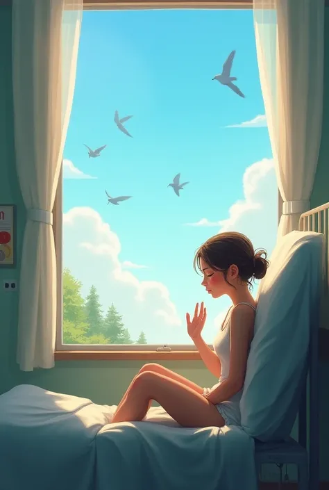 Represents a sick person , fragile,  maybe still in a hospital setting , mais cette fois dans une situation lumineuse et pleine d’espoir. Elle est assise près de la fenêtre ouverte,  letting in daylight ,  and she reaches out .  You can see birds flying in...