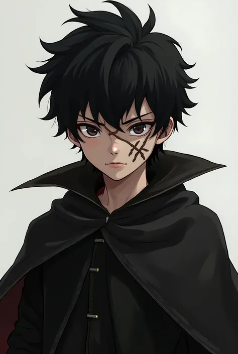 A boy with black hair with a scar like an x on his face and a cape 