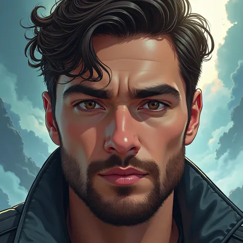 portrait of a 27 years old man wearing denim, soft beard, short beard, award winning illustration, ultra detail, close up protrait, fantasy background