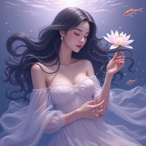  A young woman with long wavy hair ,  of dark color with sparkles white or silver on the tips ,  floating in an aquatic environment . She is wearing a white dress, light and fluid,  with semitransparent chiffon sleeves that curl ,  as if they were underwat...