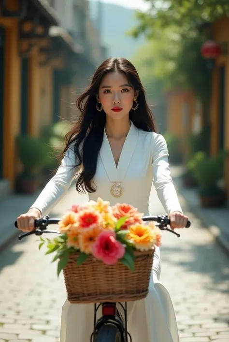 
"Create a photo of a female model with long, wavy black hair, wearing a white Ao Dai. She is riding a bicycle on an old street. 50mm lens, bright, realistic. Focus sharply on her eyes. Add a basket and a bouquet of flowers on the front of the bicycle. Wid...