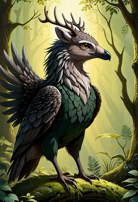 This animal has a scaly dark greenish gray hide and a body shaped like a deers.  Its face resembles that of an eagle and its eyes remind you of a hedgehogs.  It has a short mane around its neck and a pair of feathery wings.