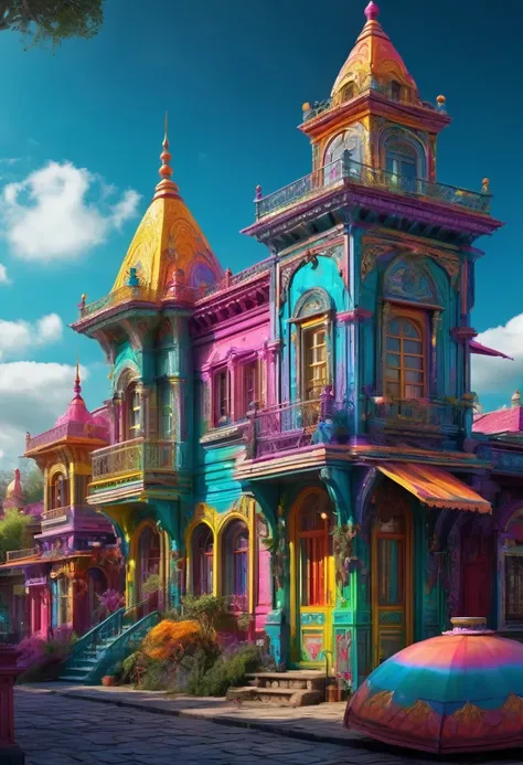 conceptual installation fantasy art with bright and colorful random colors, mysterious buildings, western-style buildings, intricate craftsmanship, delicate and dynamic textures, contrasts of light and shadow, 2.5D, artistic photography, hyper realistic, d...