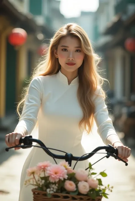 Create a photo of a female model with long, wavy blonde hair, wearing a white Ao Dai. She is riding a bicycle on an old street. The image is bright and realistic, captured with a 50mm lens. Focus sharply on her eyes. There is a basket and a bouquet of flow...