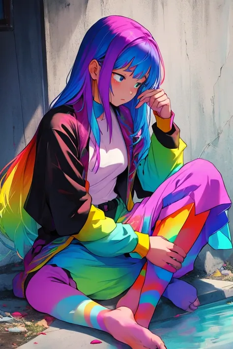 Man sitting, her spirit coming out of her rainbow-colored body