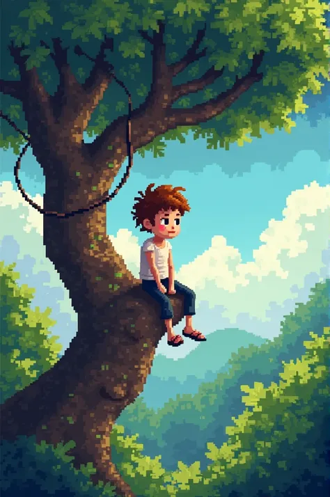 Generate me a pixelated picture of a boy sitting on a tree