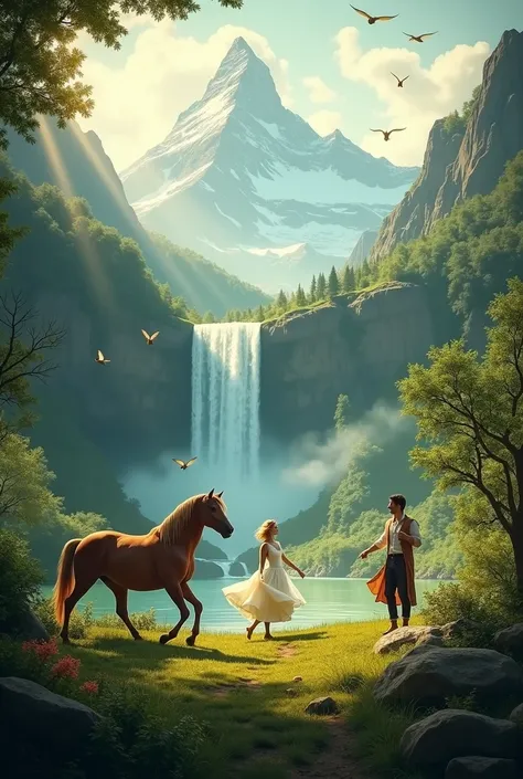 A beautiful landscape 
With horse running 
A handsome gentle man singing
A beautiful lady dancing
Birds flying
Butterflies all over
Waterfall, mountain, full of greenery
A bright sunshine
Shakespeare quaotes

